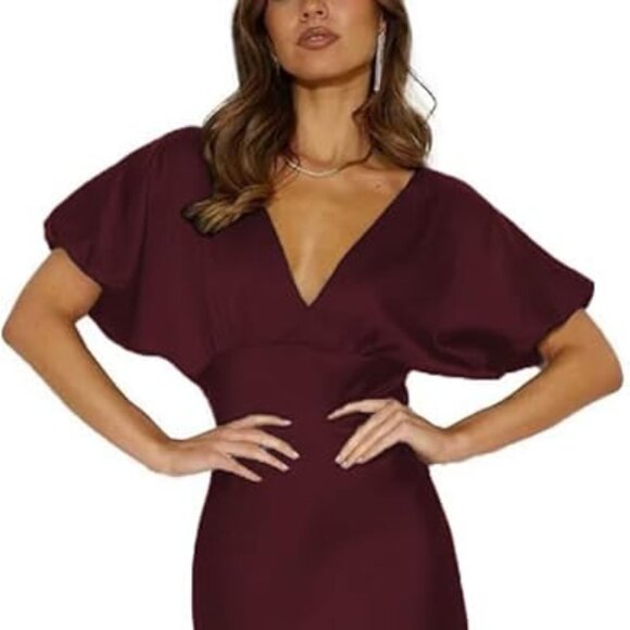 Lopath Dresses & Skirts - 🍷 NWT Satin Midi Dress ✨ Open Back V-Neck Formal Gown | L